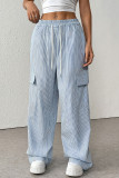 Street Stripe Draw String Pocket Contrast Loose High Waist Straight Full Print Bottoms