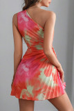 Sexy Gradient Print Hollow Out Draw String Pleated Sloping Shoulder Pleated Dresses