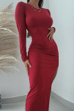 Casual Solid Color Backless Slit O Neck Wrapped Skirt Dresses