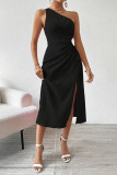 Sexy Solid Color Draw String Irregular Sloping Shoulder Irregular Dresses