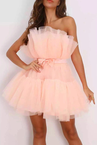 Sexy Solid Color Mesh Bow Decor Strapless Ball Gown Dresses