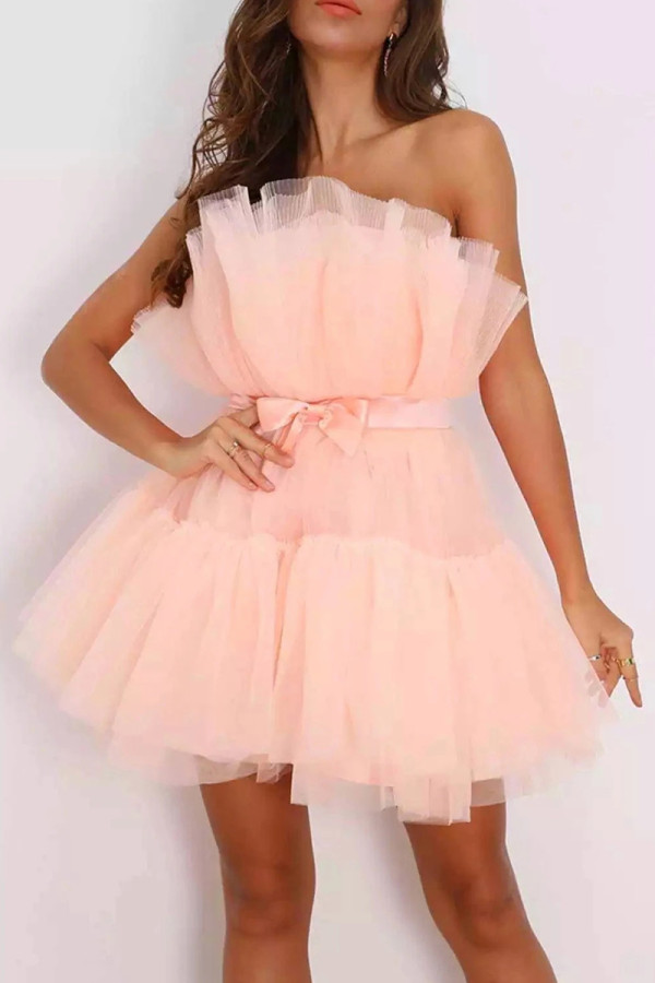 Sexy Solid Color Mesh Bow Decor Strapless Ball Gown Dresses