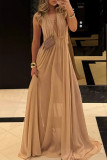 Sexy Solid Color Lace Up Backless Ruched Halter Long Dresses