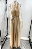 Sexy Solid Color Lace Up Backless Ruched Halter Long Dresses