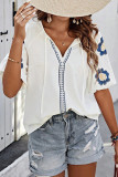 Casual Flowers Embroidered Lace Up O Neck Tops