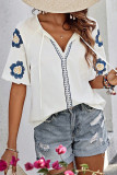 Casual Flowers Embroidered Lace Up O Neck Tops