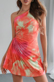Sexy Gradient Print Hollow Out Draw String Pleated Sloping Shoulder Pleated Dresses