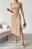 Sexy Solid Color Draw String Irregular Sloping Shoulder Irregular Dresses