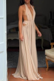 Sexy Solid Color Lace Up Backless Ruched Halter Long Dresses