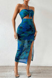 Sexy Floral Print Draw String Slit Strapless Wrapped Skirt Dresses