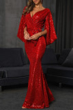 Prom Solid Color Sequins Slit V Neck Evening Dresses