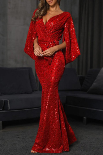 Prom Solid Color Sequins Slit V Neck Evening Dresses