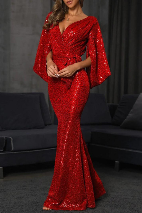 Prom Solid Color Sequins Slit V Neck Evening Dresses