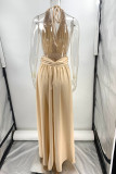 Sexy Solid Color Lace Up Backless Ruched Halter Long Dresses