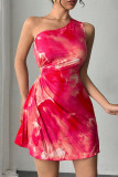 Sexy Gradient Print Hollow Out Draw String Pleated Sloping Shoulder Pleated Dresses