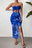 Sexy Floral Print Draw String Slit Strapless Wrapped Skirt Dresses