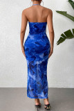 Sexy Floral Print Draw String Slit Strapless Wrapped Skirt Dresses
