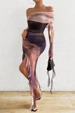 Sexy Gradient Print Irregular Contrast ribbon Off Shoulder Wrapped Skirt Dresses