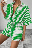 Casual Stripe Buttons With Belt Contrast Turndown Collar Loose Rompers