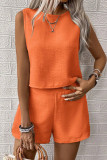 Casual Solid Color Distressed Buttons O Neck Sleeveless Two Pieces