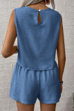 Casual Solid Color Distressed Buttons O Neck Sleeveless Two Pieces