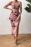 Sexy Floral Print Draw String Slit Strapless Wrapped Skirt Dresses
