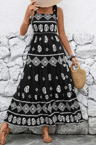 Casual Geometric Print Lace Up Patchwork Contrast Square Neck Sling Dresses