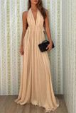 Sexy Solid Color Lace Up Backless Ruched Halter Long Dresses