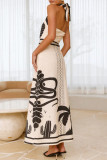 Casual Landscape printing Lace Up Contrast Halter Printed Dresses