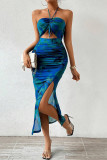 Sexy Floral Print Draw String Slit Strapless Wrapped Skirt Dresses
