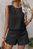 Casual Solid Color Distressed Buttons O Neck Sleeveless Two Pieces