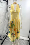 Sexy Floral Print Backless Halter Long Dresses