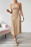 Sexy Solid Color Draw String Irregular Sloping Shoulder Irregular Dresses