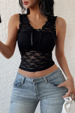 Sexy Solid Color Lace Lace Up O Neck Tops