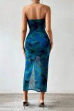 Sexy Floral Print Draw String Slit Strapless Wrapped Skirt Dresses