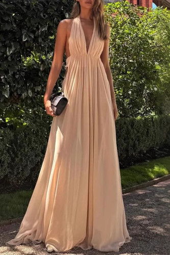 Sexy Solid Color Lace Up Backless Ruched Halter Long Dresses