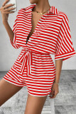 Casual Stripe Buttons With Belt Contrast Turndown Collar Loose Rompers