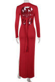 Casual Solid Color Backless Slit O Neck Wrapped Skirt Dresses