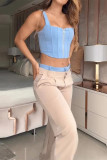Casual Solid Color Pocket Zipper Contrast Square Neck Sleeveless Two Pieces