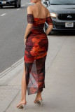 Sexy Gradient Print Slit Irregular Contrast Off Shoulder Wrapped Skirt Dresses