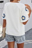 Casual Flowers Embroidered Lace Up O Neck Tops
