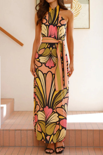 Vacation Floral Print Lace Up Contrast Halter Printed Dresses