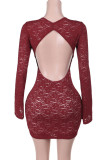 Sexy Solid Color Lace Backless O Neck Wrapped Skirt Dresses