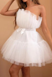 Sexy Solid Color Mesh Bow Decor Strapless Ball Gown Dresses