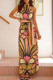 Vacation Floral Print Lace Up Contrast Halter Printed Dresses