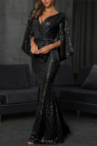 Prom Solid Color Sequins Slit V Neck Evening Dresses