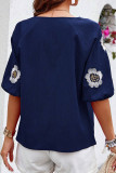 Casual Flowers Embroidered Lace Up O Neck Tops