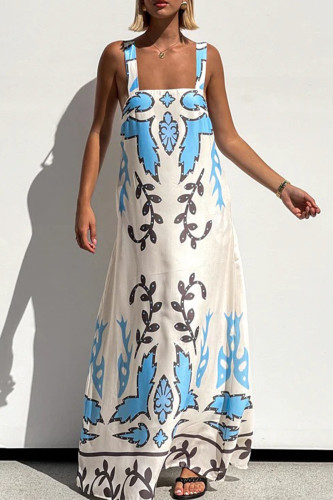 Casual Floral Print Lace Up Contrast Square Neck Sling Dresses