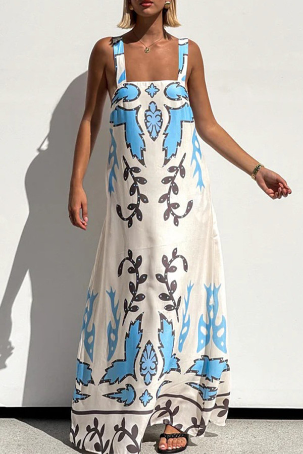 Casual Floral Print Lace Up Contrast Square Neck Sling Dresses