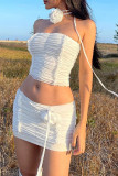 Sexy Solid Color Ruched Flowers Strapless Sleeveless Two Pieces